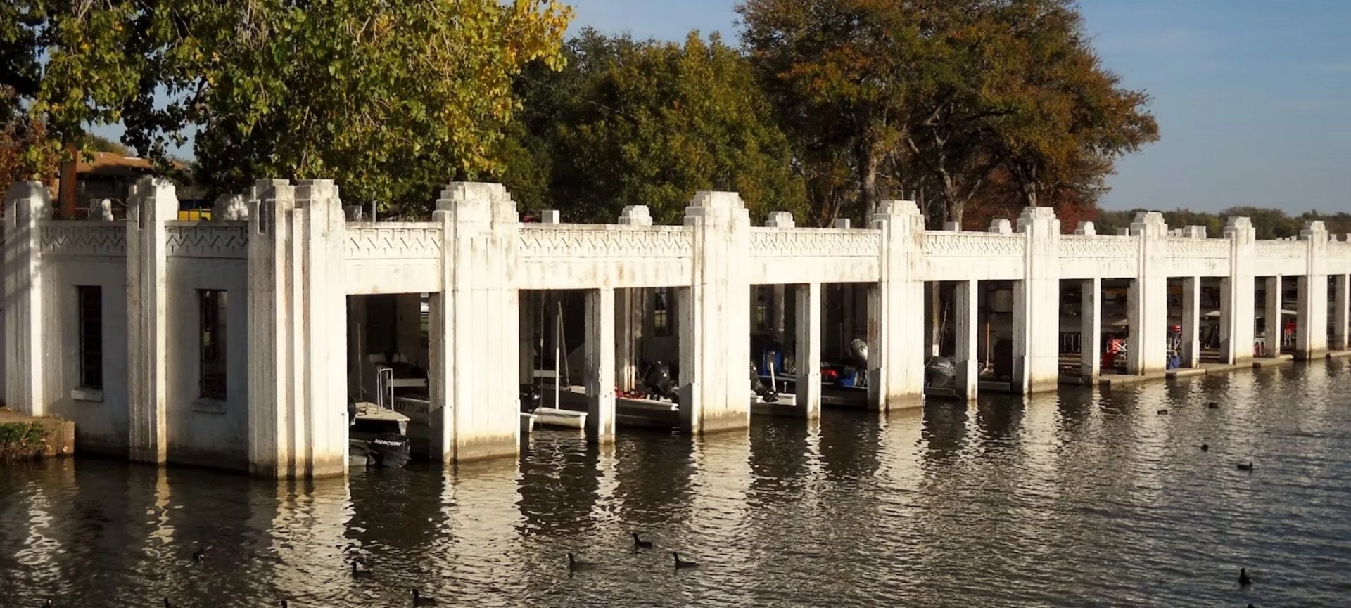The Boomerang boathouse colonnade seen across White Rock Lake